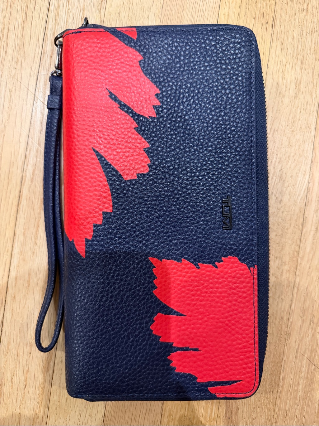 Tumi Navy Leather Passport Wallet Wristlet With Red Flower Print